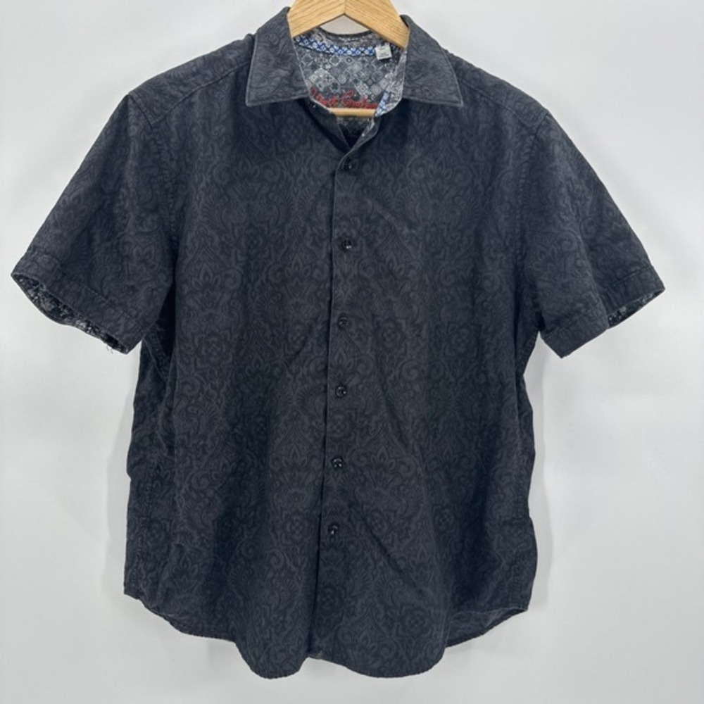 Robert Graham Shirt Mens L Black Classic Fit Short Sleeve Flip Cuff Button Up